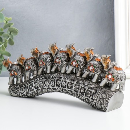 Polystone souvenir "Seven elephants on a tusk with flowers" silver 21x4x9.8 cm-1