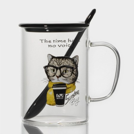 Glass mug with a ceramic lid and a spoon "Hipster", 450 ml, Mix drawing-11