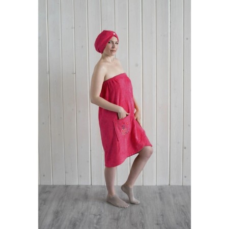 Women's set for the sauna (Pareo+Chalma) with embroidery, raspberry