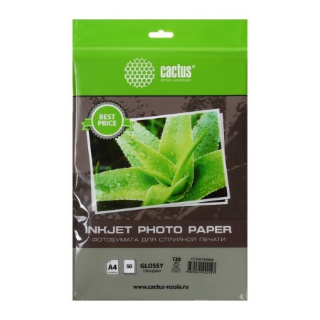 Photo paper for jet print A4, 50 sheets Cactus, 130 g/m2, one -sided, glossy, in the bag