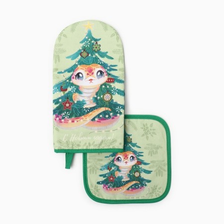 Set of kitchen. Ethel Winter Story mittens 15x28cm, 19x19cm sever