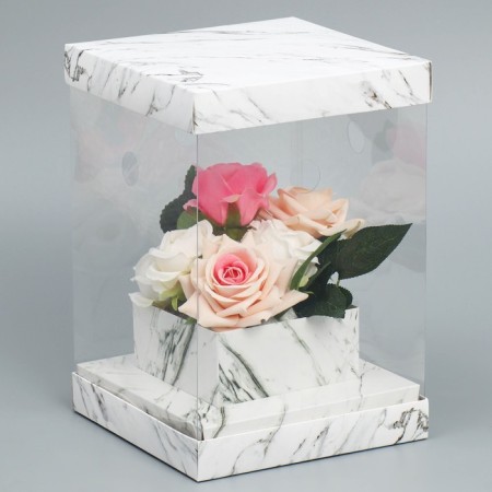 Gift box for flowers with a vase and PVC windows folding, packaging, "marble", 16 x 23 x 16 cm-1