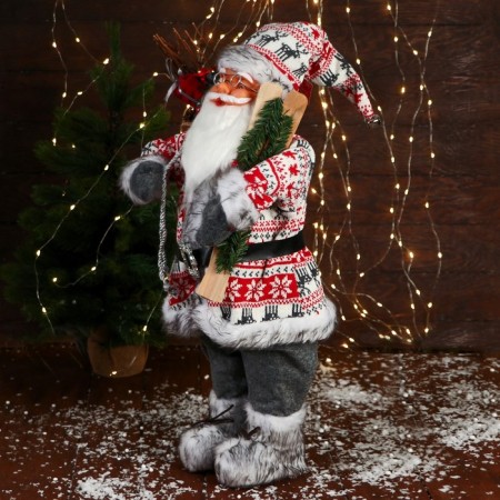 Santa Claus "In a suit with ornaments, skis and twigs" 60 cm, red-white-3