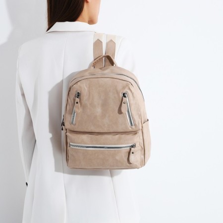 Women's backpack made of artificial leather with lightning, 3 pockets, beige color