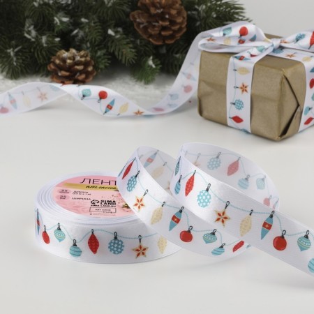 Satin ribbon "New Year's carnival", 25 mm × 23 ± 1 m, white color
