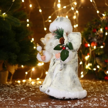 Santa Claus "in a white fur coat with gifts" moves, with backlight, 30 cm-3