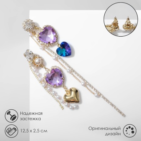 Hanging earrings with rhinestones "Heart", colored in gold