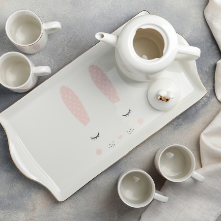 Ceramic tea "Bunny" set, 6 items: 4 220 ml mugs, 900 ml kettle, tray-3