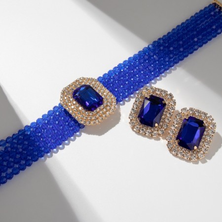 Set 2 items; Earrings, necklace "luxury" large stone, blue color in gold, 42 cm-1