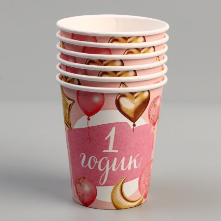 Set of dishes "1 year": napkins 20 pcs., Glasses 6 pcs., Plates 6 pcs., Pink-2
