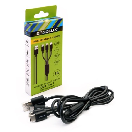 Cable 3 in 1 Ergolux ELX-CDC05-C02, USB-Microusb/ Lightning/ Type-C, 3A, 1.2M, Black-2