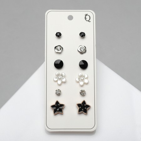 Pusets 6 pairs "Romance" flowers, black and white in silver