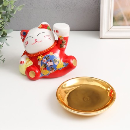Pigger Ceramics "Cat Mani-Neko to attract wealth with a plate" 11.5x15x13 cm-4