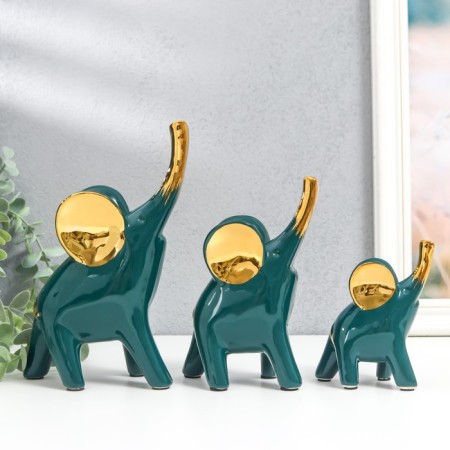 Souvenir ceramics "Elephants - Green Gloss" gold set 3 pcs 9x11; 10.5x15.5; 12.5x19 cm-1
