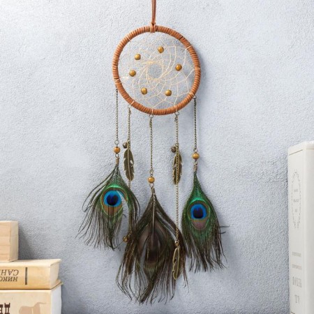 Dreams "feathers of peacock with pendants and beads" 40x11 cm