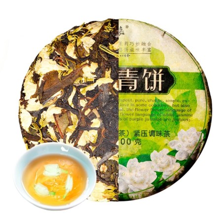 Chinese sustained tea "Shen Puer. Green Jasmine" 100 g, 2022 g, Yunnan, pancake