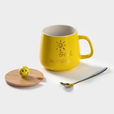 Ceramic mug "Smile", 350 ml, with a wooden lid and spoon, color and pattern mix-2