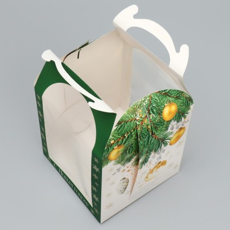 A folding box for a small cake "Happy New Year", balls, 15 x 15 x 18 cm, New Year-4