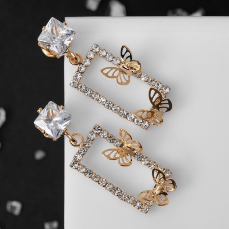Earrings with rhinestones "flutter" butterflies in a rectangle, white color in gold-1