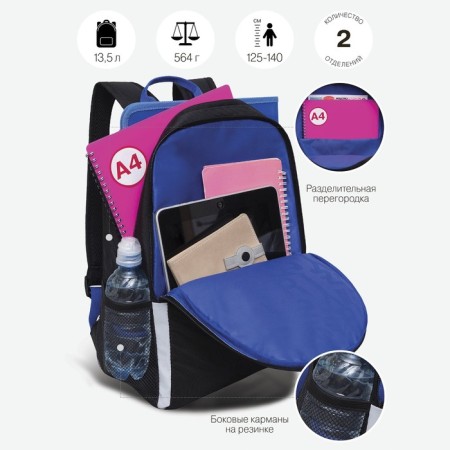 Youth backpack 38 x 29 x 16 cm, Grizzly, ergonomic back, laptop department, black/blue-1