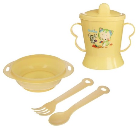 A set of children's dishes, 4 items: bowl, spoon, fork, chip with solid nose 200 ml, MIX color-12