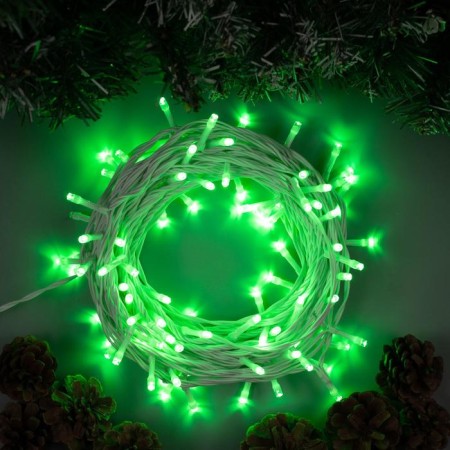 Garland “thread” 10 m, IP44, UMS, white thread, 100 LED, green glow, 8 modes, 24 V