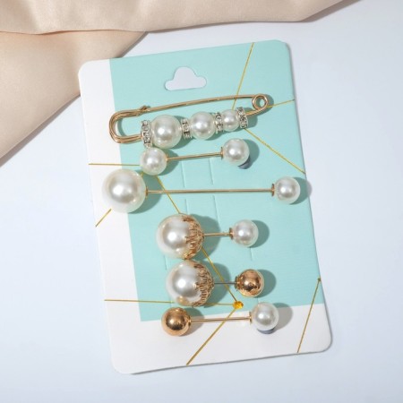Set of pins (6 pcs.) "Pearls", 6.5 cm, white color in gold-3