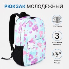 A backpack with a zipper, 3 outer pockets, blue/lilac color