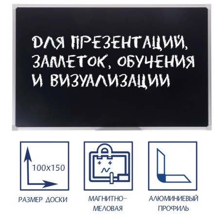 Magnetic-mail board 100x150 cm, black, calligrata standard, in an aluminum frame, with a shelf