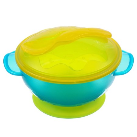 Set for feeding: a bowl on a suction cup with a lid, a spoon, the color is turquoise