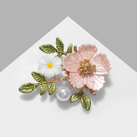 Brooch "Flowers" on a branch, the color is pink-white in gold