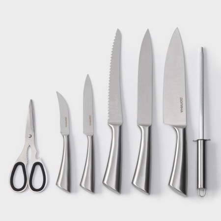 A set of kitchen knives on the ardone stand, 7 objects: 5 knives, musat and scissors, chrome color-12