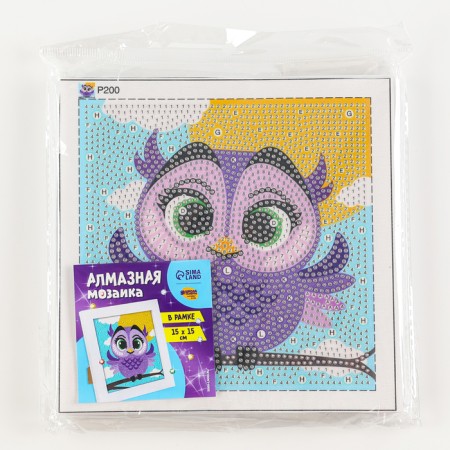 Diamond mosaic 15x15 on a frame with different rhinestones "Owl"-10