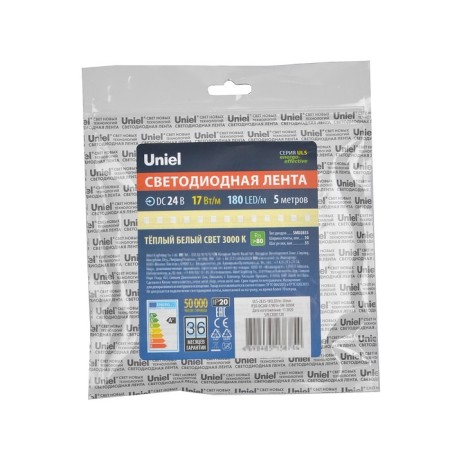 LED tape on a self -adhesive basis Uniel, IP20, 5 m, 180 LED/m, 17 W/m, 24 V, 3000K, glow warm white-3
