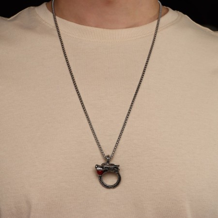 Unisex "Dragon" with bead, red color in black silver, 60 cm-1