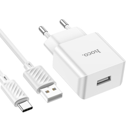 Network charger HOCO C106A, 1 USB, 2.1 A, Type -C cable - USB, 1 m, white-3