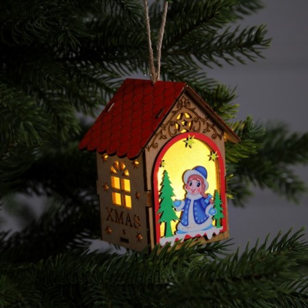 Christmas tree toy "House with the Snow Maiden", from batteries, glow warm white