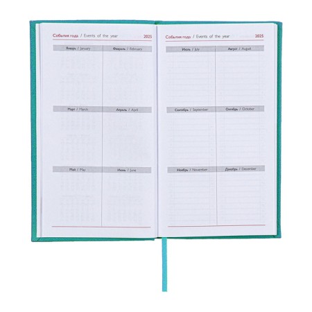 The weekly dated 2025, 85x145 mm, 64 sheets of Escalada, a solid cover made of artificial leather, pancake embossing, block 70 g/m², turquoise, turquoise-6