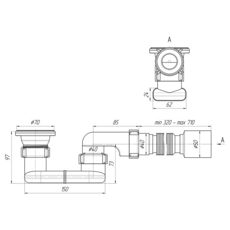 Siphon for shower pallet "Ani Plast" E015, 1 1/2, flat, with a corrugated triber 40 x 50 mm-1