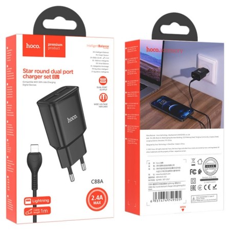 Network charger Hoco C88A, 2 USB, 2.4 A, Lightning cable - USB, 1 m, black-1