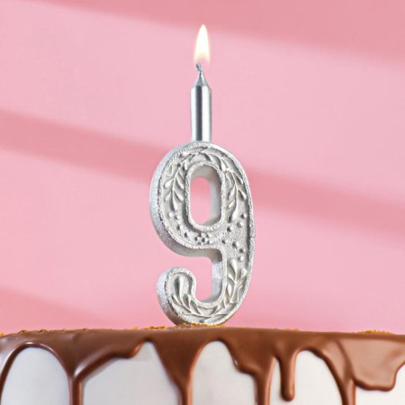 Candle for cake the number "Silver Pattern", 10.2 cm, number "9"