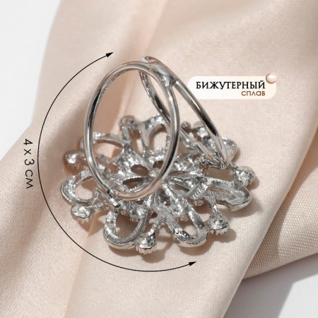 Ring for the scarf "flower" voluminous with rhinestones, white color in silver-1