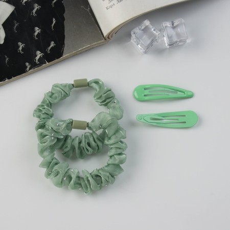 Hair Set "Gloria Shine" (2 elastic bands 5.5 cm, 2 invisibility 5 cm) Green-2