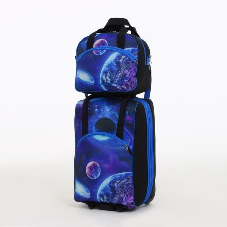 Small suitcase with a bag, 20 ", on a zipper, with an extension, the color is blue