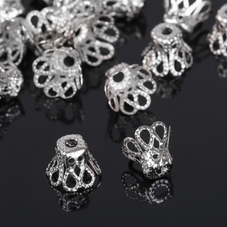 Bead hats (set 50pcs), SM-091, 8 × 10 mm, silver color