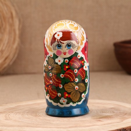 Matryoshka "Berry", Blue scarf, red dress, 5 doll, 16 cm-1