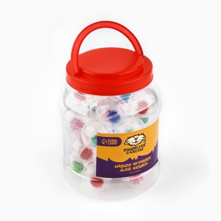 Ball for cats with a pomp, 4 cm, packing in a jar of 25 pcs, mix-2