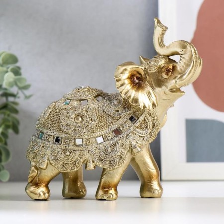 Souvenir Polystone "Golden Elephant with a Popone of Beads with bells" MIX 15x14.5x7.7 cm-1