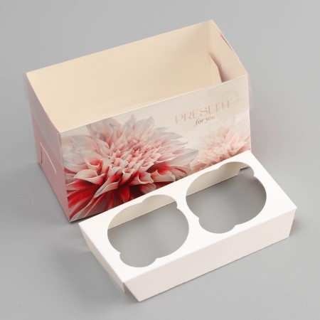 Box for 2 cupcake with a transparent lid, "Present", 16 × 8 × 10 cm, confectionery packaging-4
