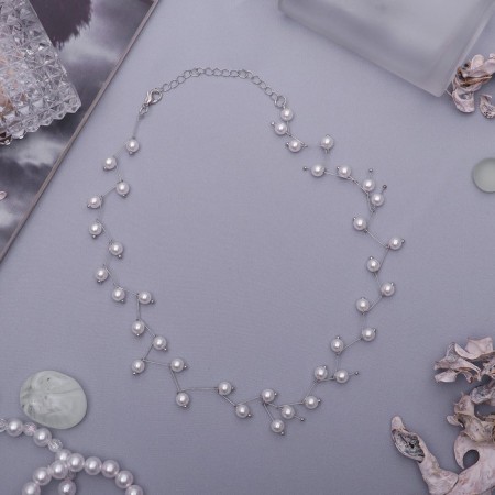 The necklace with pearls "Blooming path" ball No. 4, white color in silver, l = 38 cm